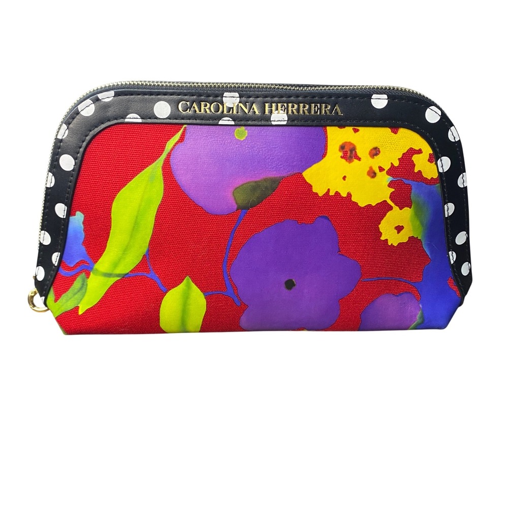 Carolina Herrera Floral Polka Dot Canvas Leather Makeup Bag Red Multicolor